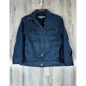 Chicos Platinum Denim Jacket Womens Size 0 Small Dark Wash Button Front Cropped
